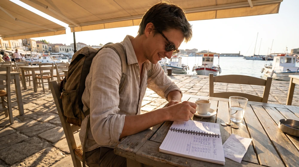 Reisende plant ihr tägliches Malta-Budget an einem sonnigen Café am Meer