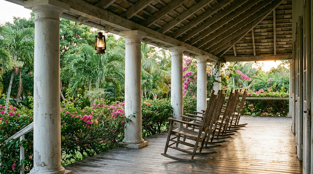 Empty plantation inn veranda lined with wooden rocking chairs overlooking tropical gardens.