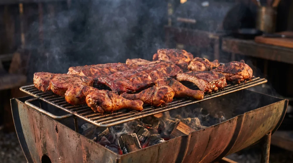 Jerk pork and chicken cooking on a traditional pimento wood half-drum grill in Port Antonio Jamaica