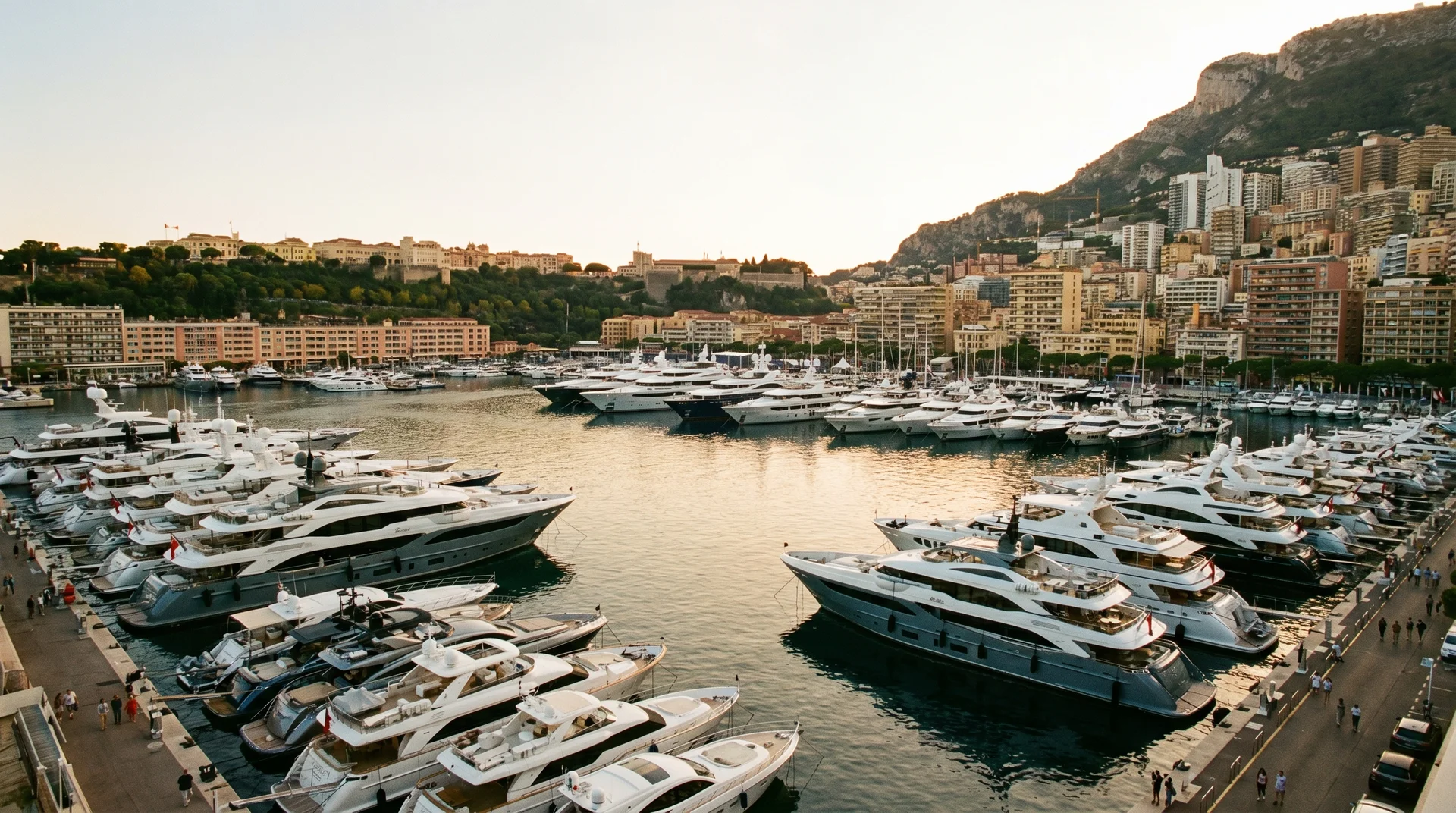 Rows of superyachts moored at Port Hercule Monaco at golden hour