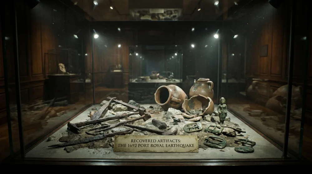 Colonial-era artifacts and ceramics recovered from Port Royal Jamaica displayed in a museum case