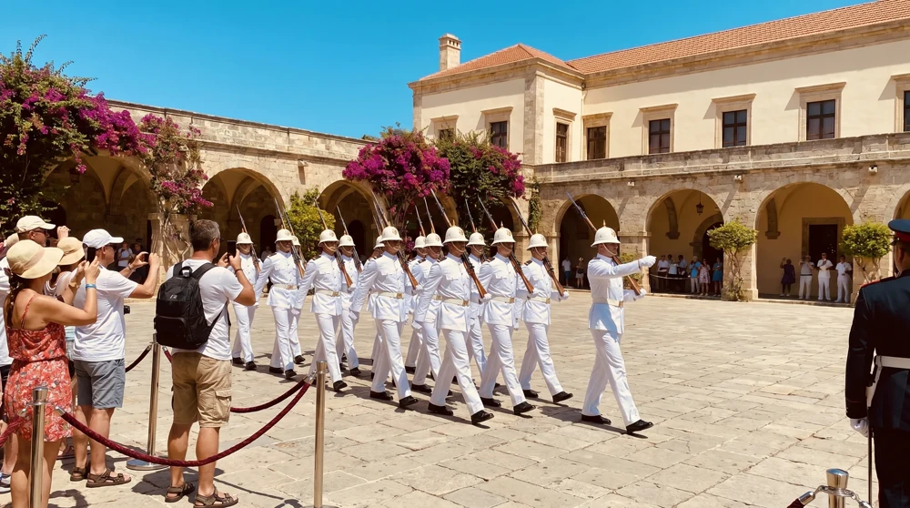 Carabinieri guards in white ceremonial uniforms performing the Changing of the Guard at the Prince's Palace of Monaco