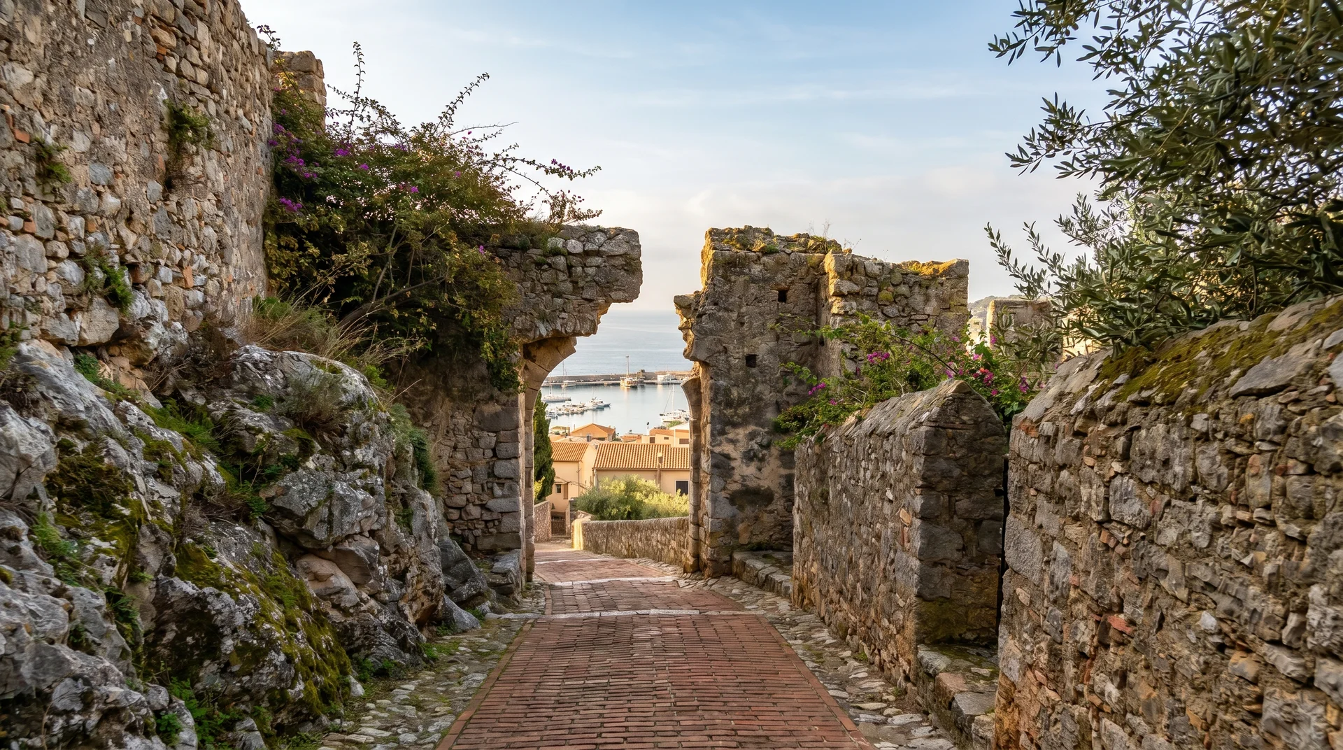 Steep brick-paved Rampe Major walkway ascending toward the Prince's Palace of Monaco with harbor view below
