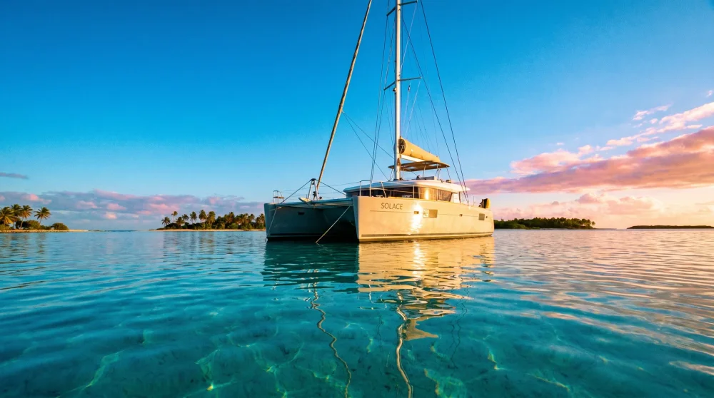 Privater Katamaran in ruhigem türkisfarbenem Wasser bei Sonnenaufgang nahe Grand Cayman