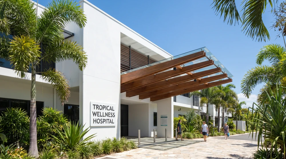 Eingang eines modernen Privatkrankenhauses in einer tropischen Region mit Palmen und hellem Sonnenlicht