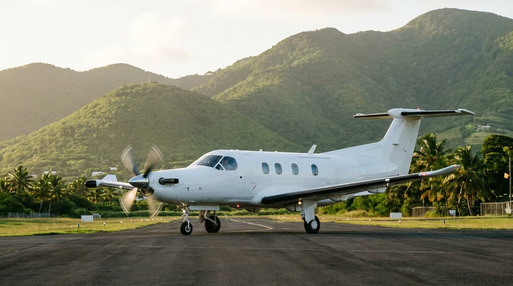 Small turboprop aircraft on the runway at Vance W Amory NEV airport Nevis