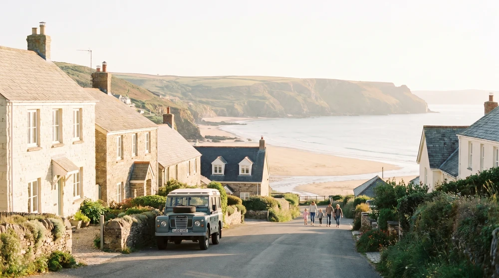 Quiet hillside village of stone houses overlooking a sandy bay with a parked car in a lane