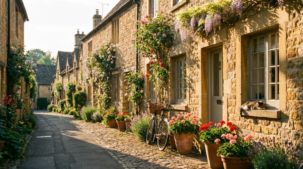 Quiet rural lane lined with honey-colored stone houses evoking a calm, affordable village base on a Mediterranean island