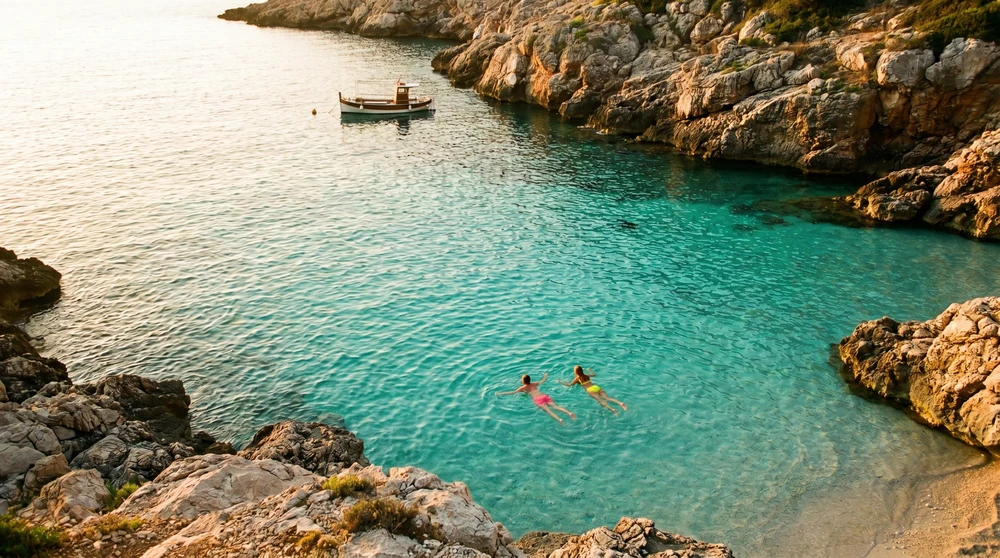 Quiet turquoise cove at sunset with few swimmers and a single anchored boat in warm light