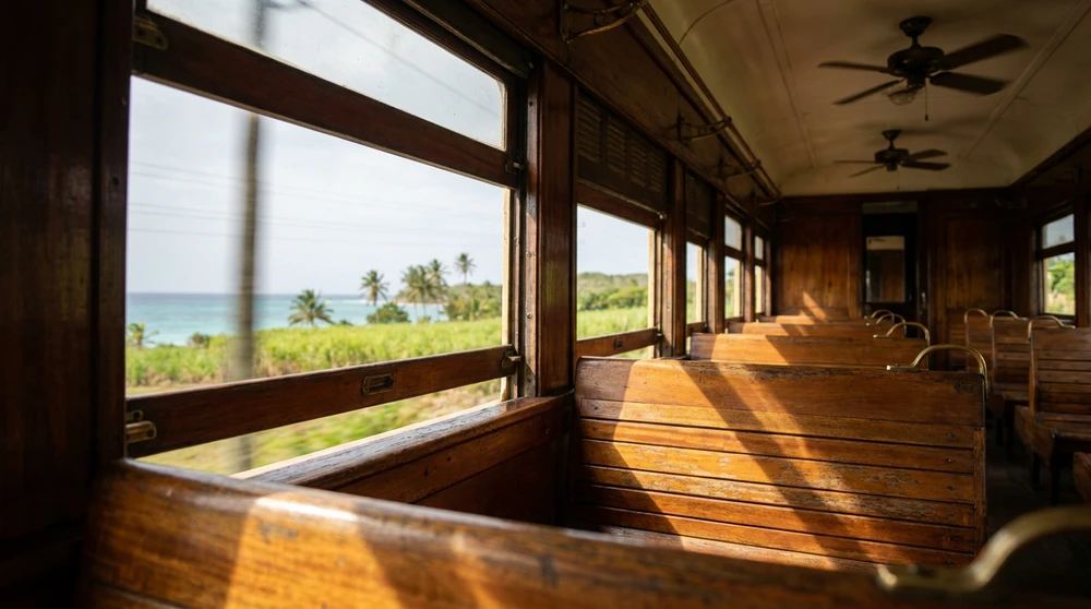Innenraum eines historischen Panoramabahn-Waggons mit offenem Fenster, das einen Blick auf die karibische Küste rahmt
