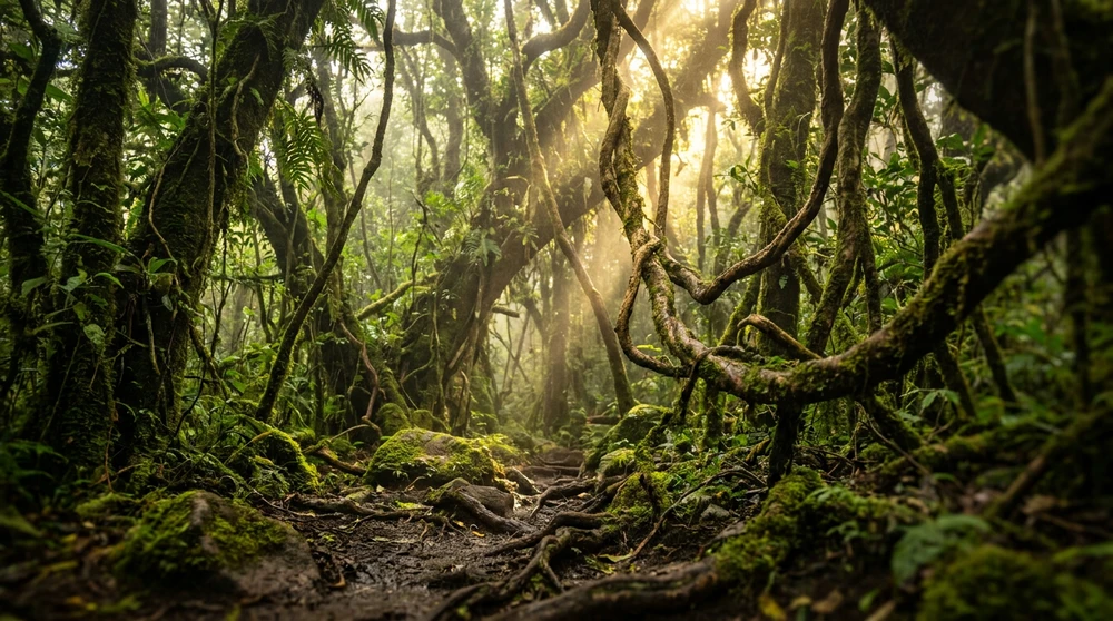 Dichter Regenwaldpfad mit herabhängenden Lianen am Mount Liamuiga auf St. Kitts