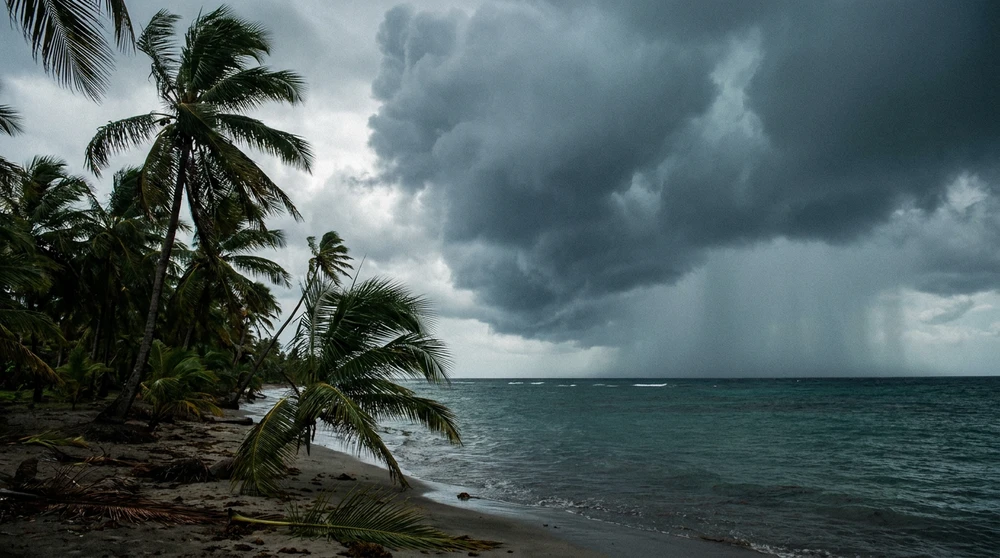 Tropical storm clouds gathering over a coconut palm grove on the rainy-season Caribbean coast of Nevis.