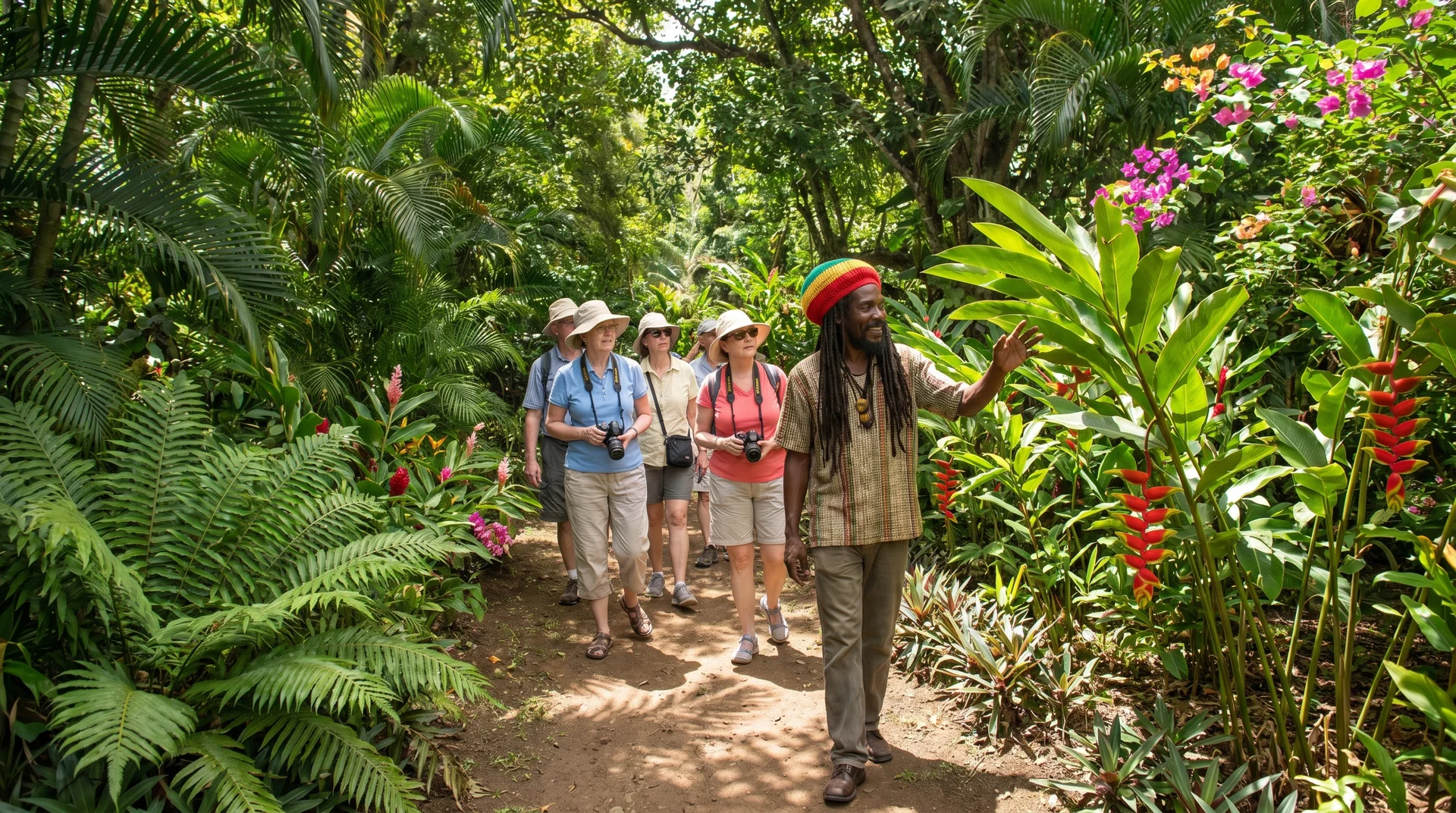 Ein Rastafari-Guide führt Touristen durch einen botanischen Garten im jamaikanischen Landesinneren.