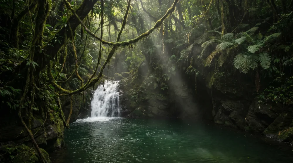 Reach Falls dropping into a deep emerald pool surrounded by thick jungle vines and dense tropical foliage in Portland Jamaica