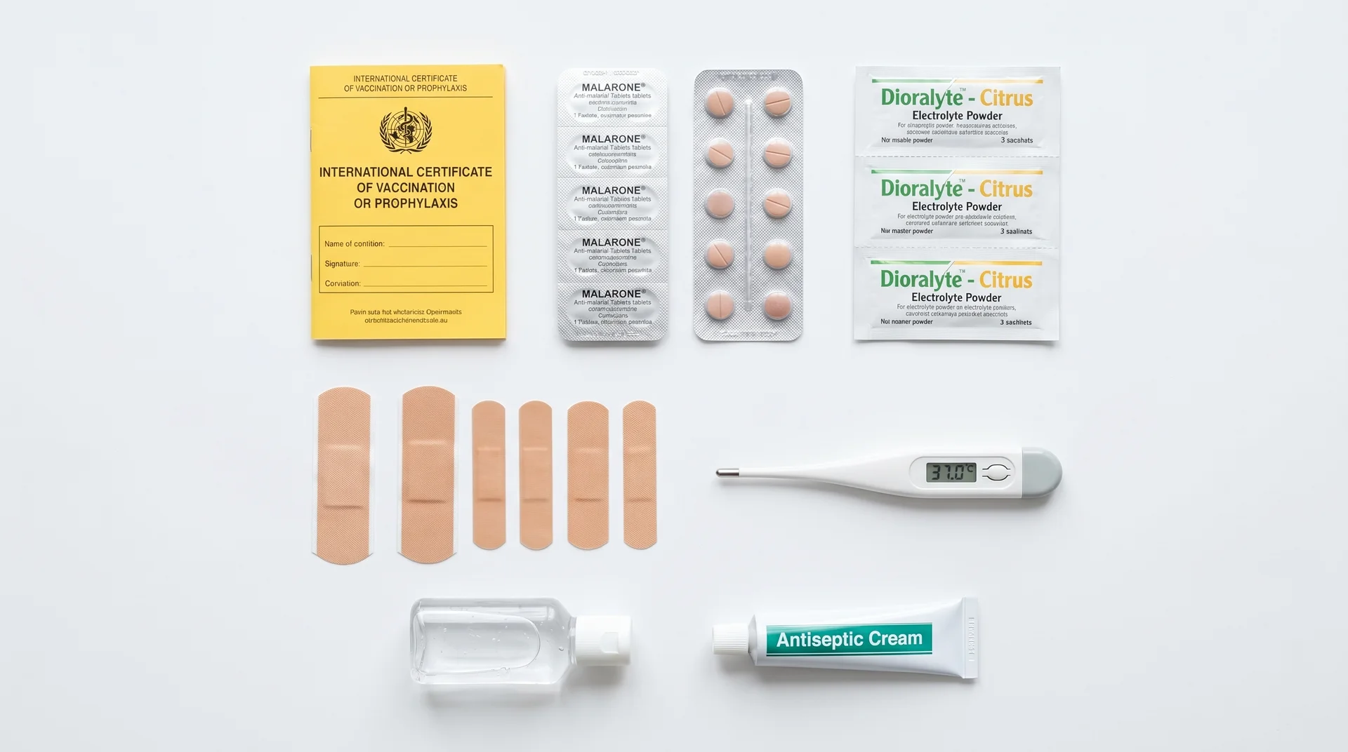 Reiseapotheke für Jamaika – Medikamente, Pflaster und Impfpass auf weißem Hintergrund