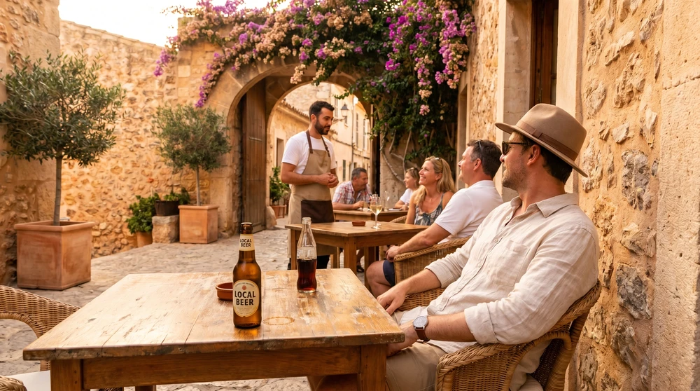 Traveler relaxing with a drink on a sunny Maltese cafe terrace, illustrating the slow pace of Mediterranean island dining