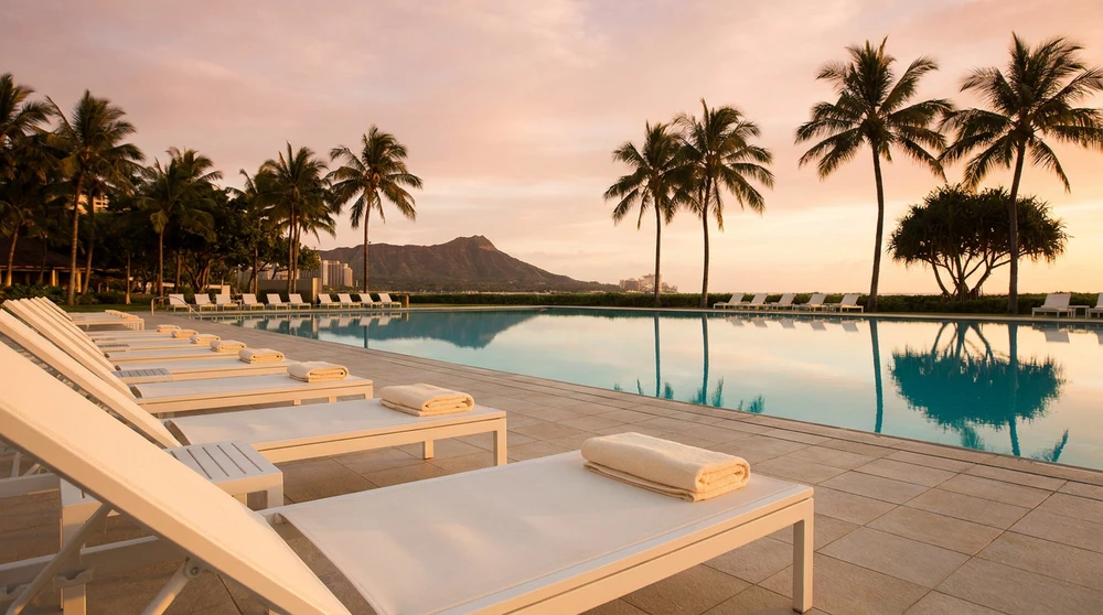 Empty resort pool deck with loungers at golden hour sunset over the Caribbean