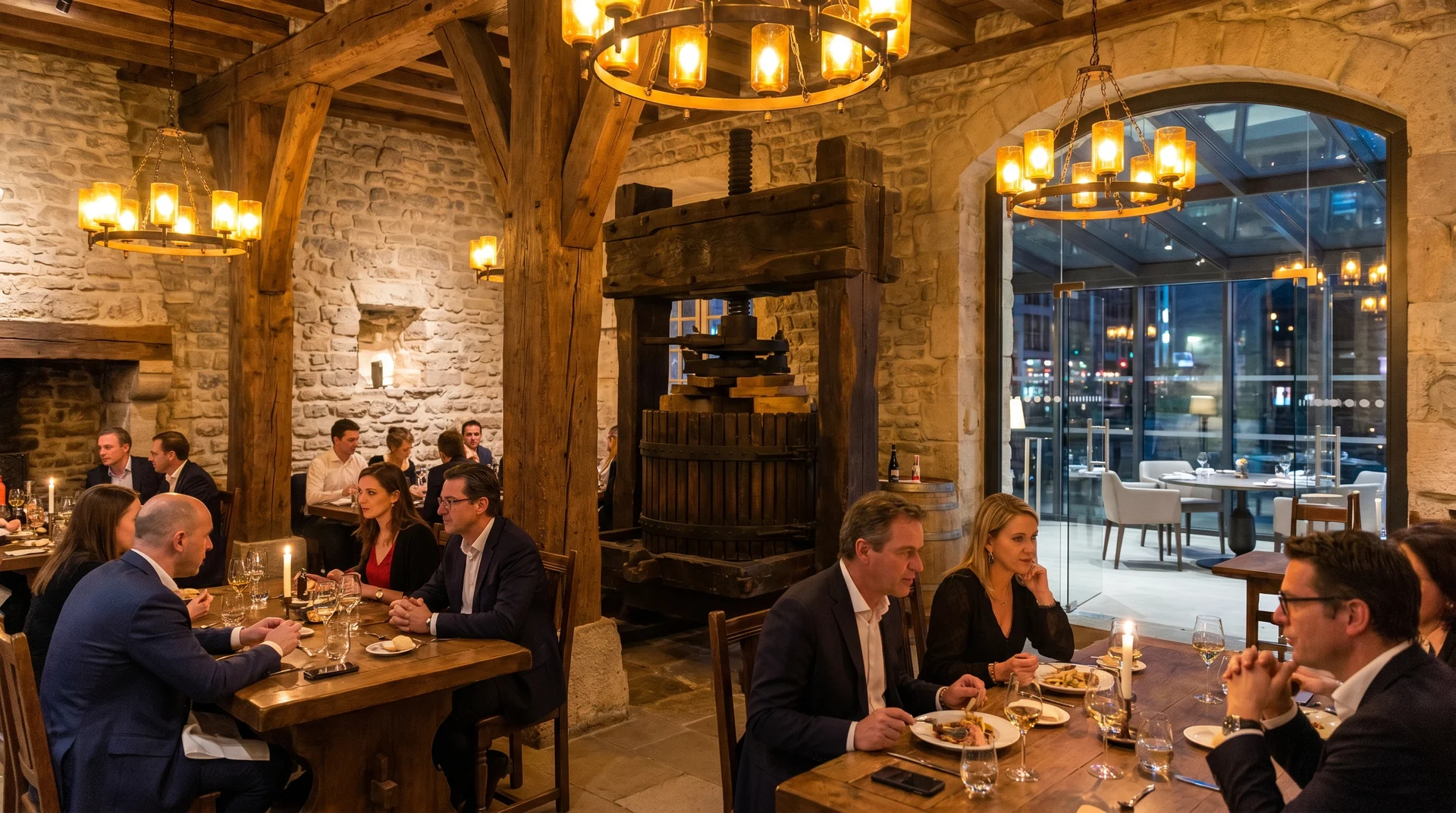 Historisches Interieur des Restaurant Torkel mit Holzbalken und altem Kelterraum in Vaduz