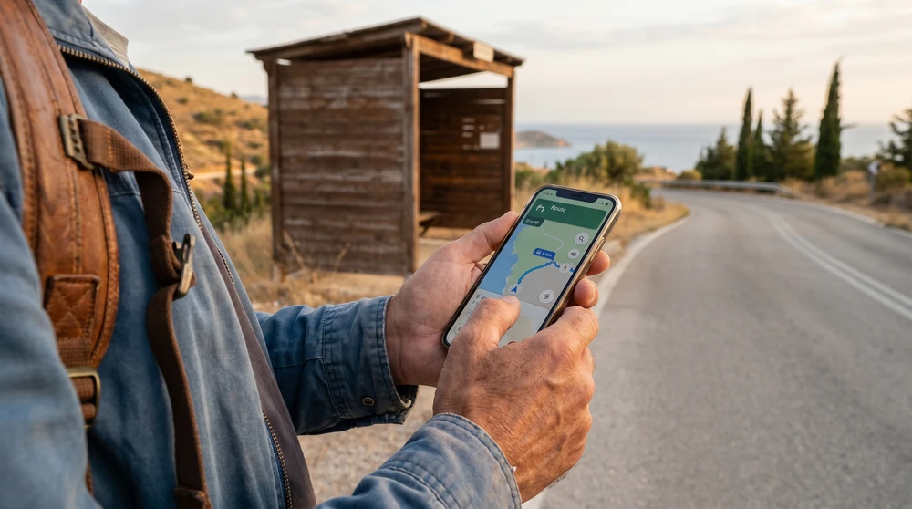 Traveler holding a smartphone with a ride-hailing map app at a quiet coastal bus stop in warm afternoon light