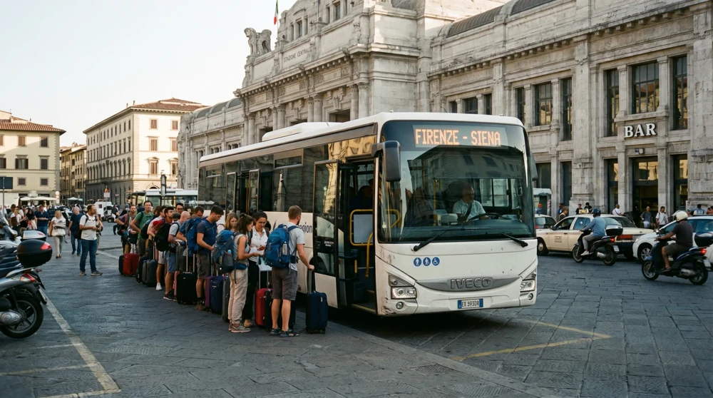Bus to San Marino parked across from Rimini train station with passengers boarding in the morning