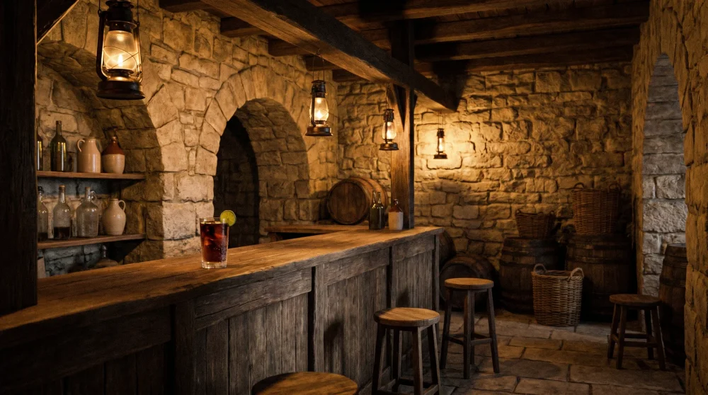 Steingewolbe-Bar mit warmem Licht in Rose Hall