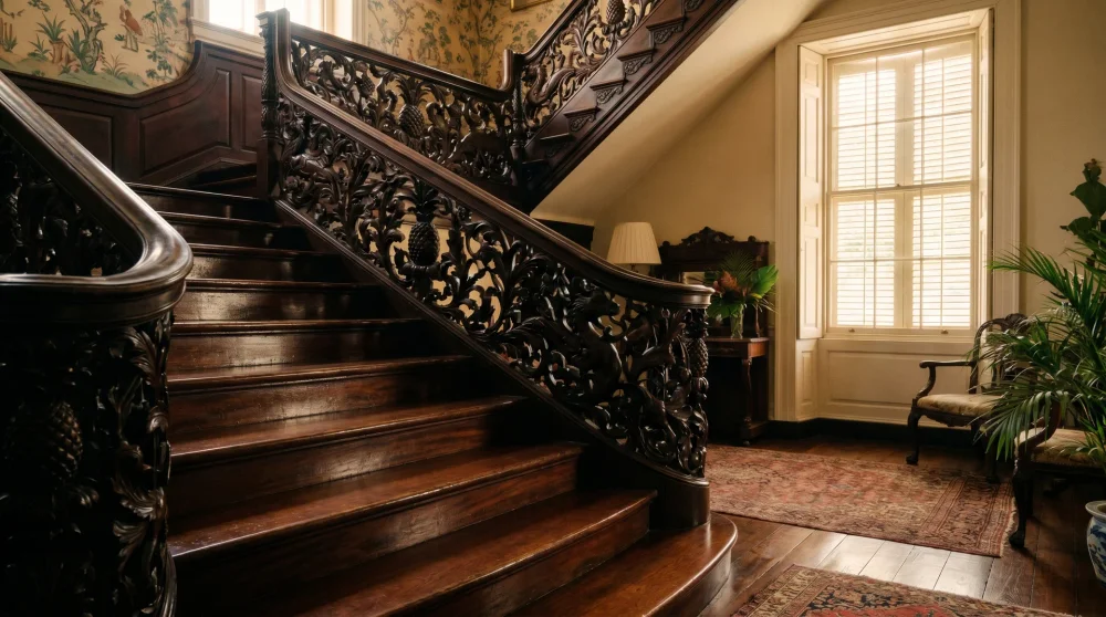 Carved mahogany staircase inside Rose Hall Great House