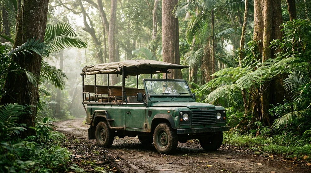 Seitlich offener Safari-Truck auf einer bewaldeten Schotterstraße in einem karibischen Regenwald