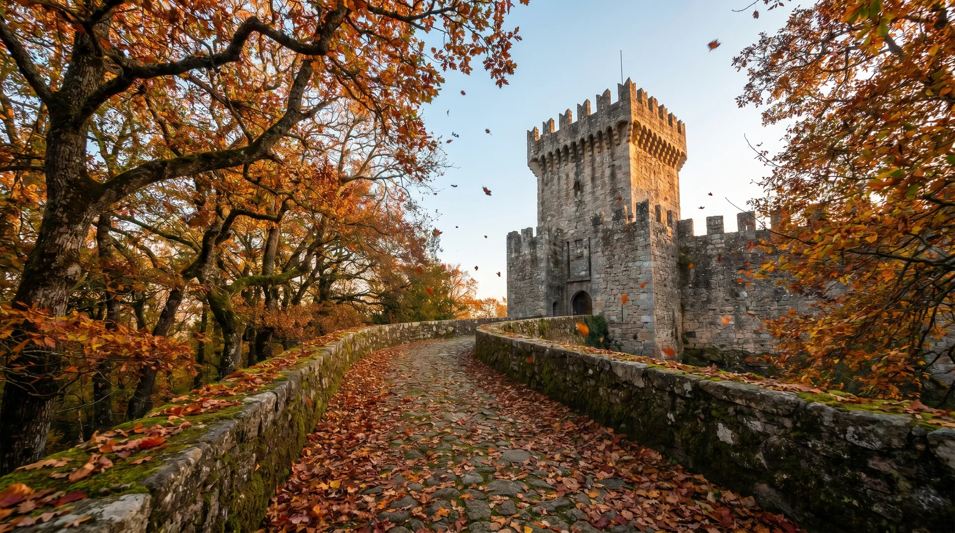 Herbstblätter auf dem Steinweg zu den Befestigungstürmen San Marinos mit orangefarbenem Laub und klarem Himmel