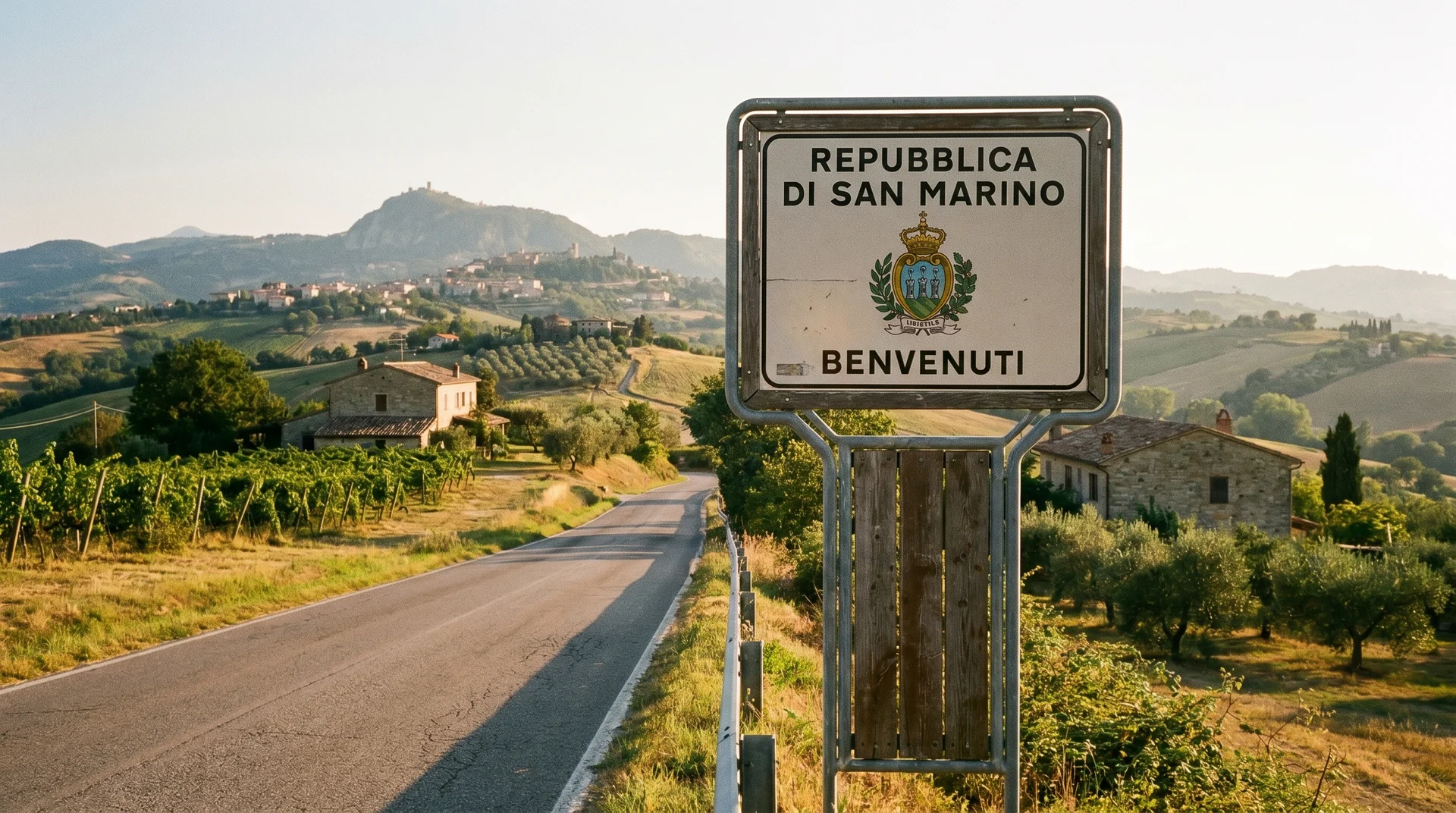 San Marino border road sign marking entry into the republic with Italian countryside on both sides