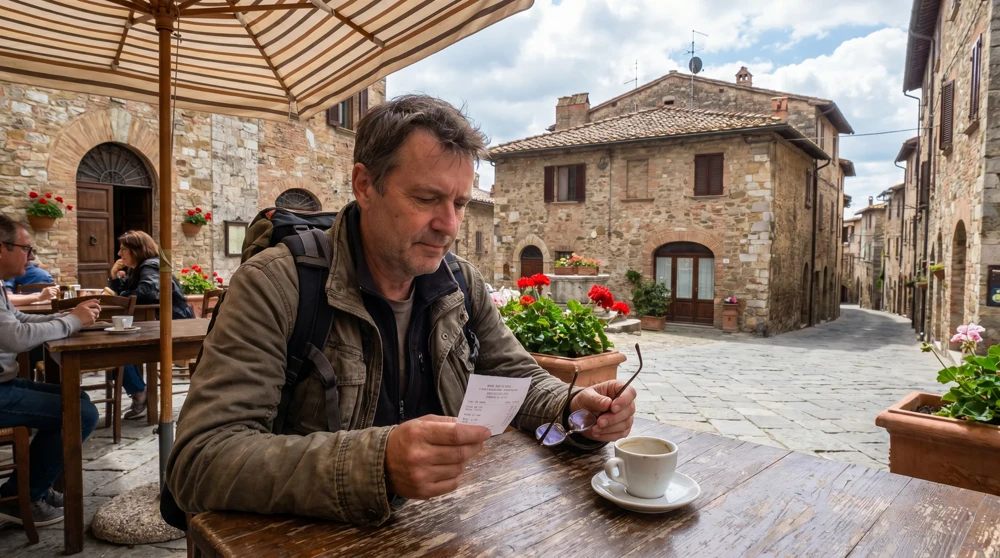 Traveler reviewing cafe receipt at outdoor table in San Marino with medieval stone buildings in background