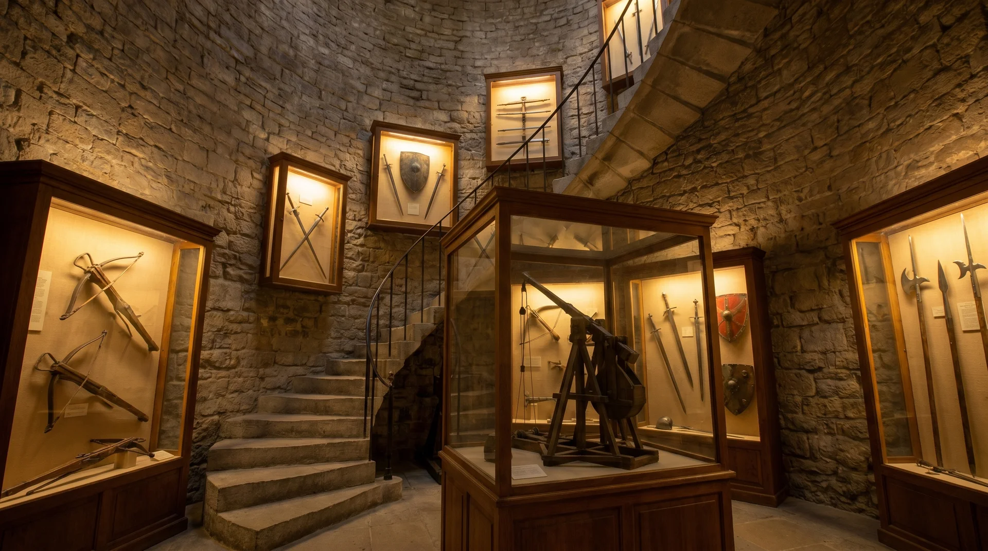 Museum of Ancient Arms inside Cesta tower in San Marino showing medieval crossbows and armor in display cases