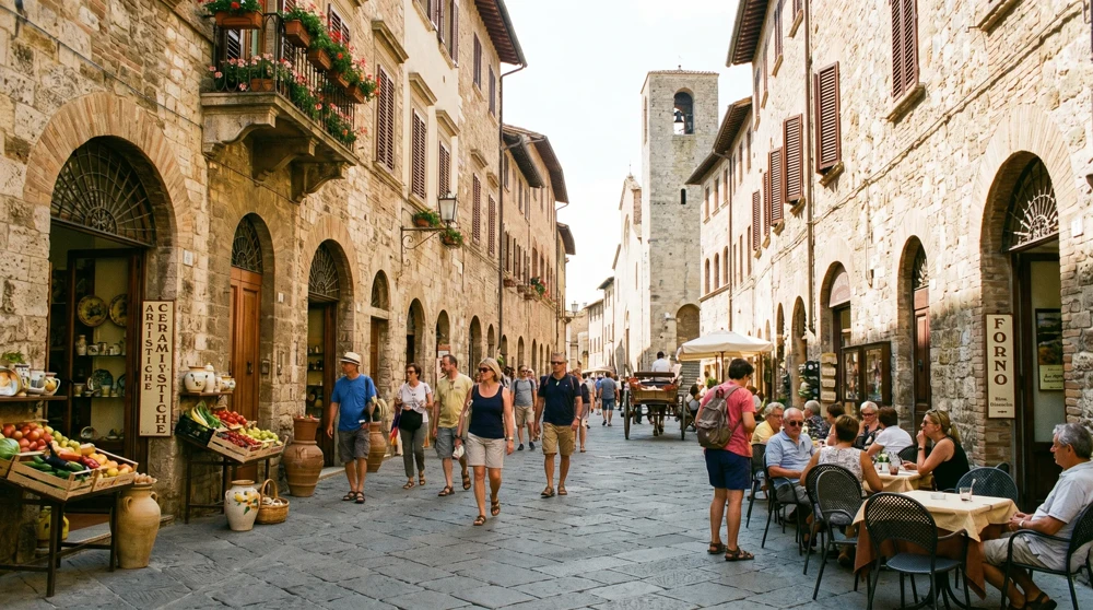 Cobblestone shopping street in San Marino historic center with stone archways and tourist visitors