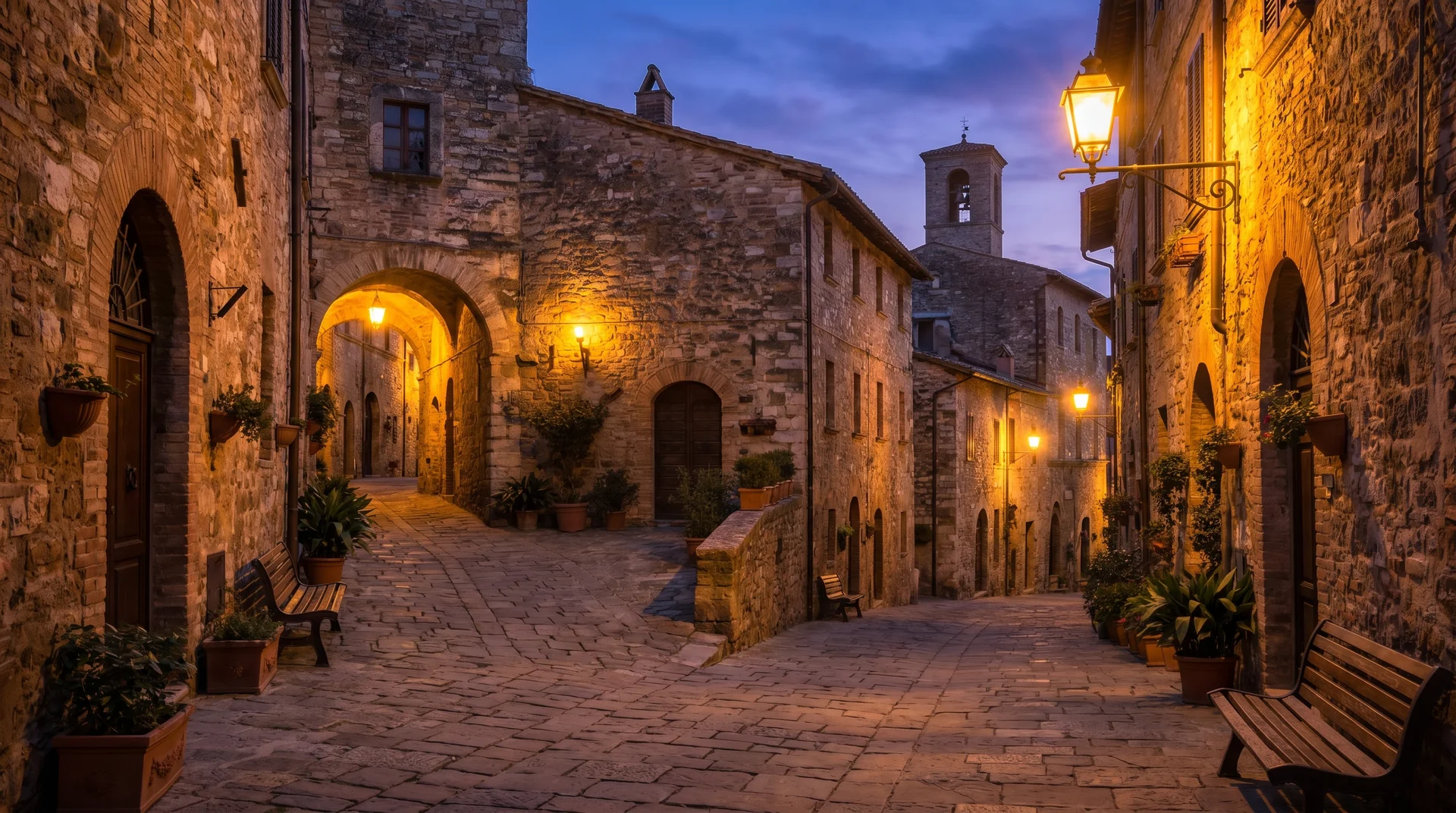 Leere Kopfsteinpflastergasse in San Marinos historischem Zentrum in der Abenddämmerung mit warmem Straßenlaternenlicht und Steinmauern
