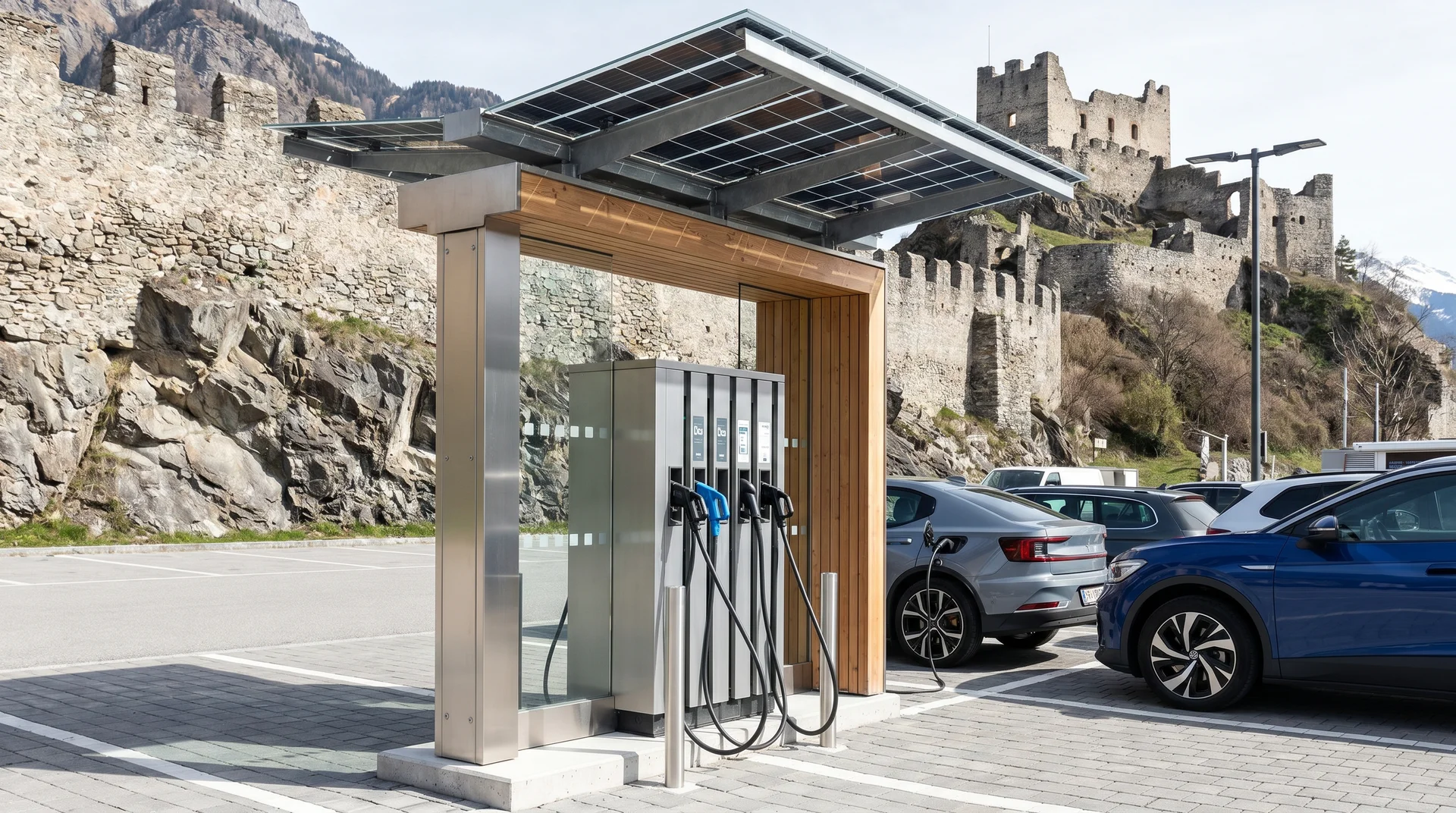 Elektroladestation mit Typ-2-Steckern auf einem Parkplatz in San Marino, mittelalterliche Steinmauern des Monte Titano im Hintergrund