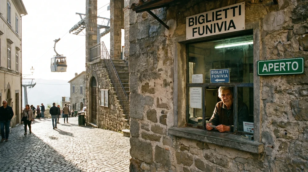 Ticketschalter der Funivia in Borgo Maggiore, San Marino, mit Steinbogen und Morgenlicht