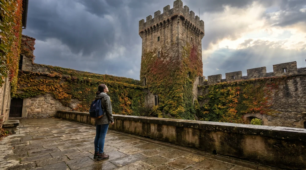 Tourist betrachtet den Guaita-Turm in San Marino von der Terrassenpromenade unterhalb der Festungsmauern