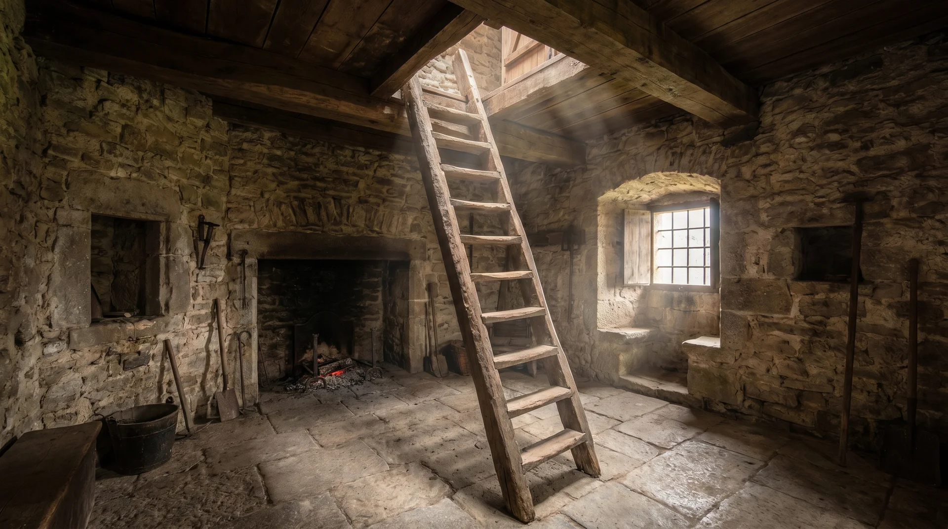 Vertical wooden ladder inside Guaita tower in San Marino leading through a narrow ceiling trapdoor to the upper level