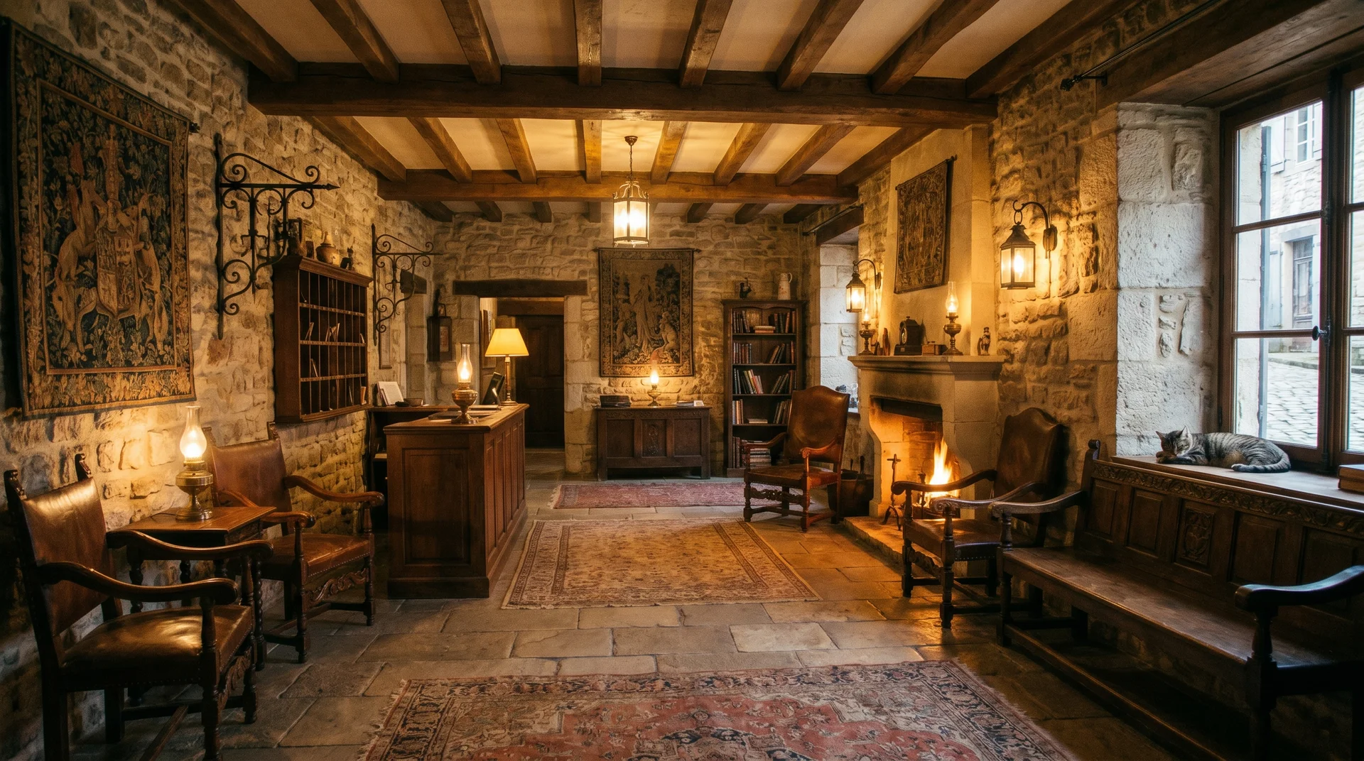 Small hotel reception area in San Marino with stone walls and warm lighting typical of historic center accommodation