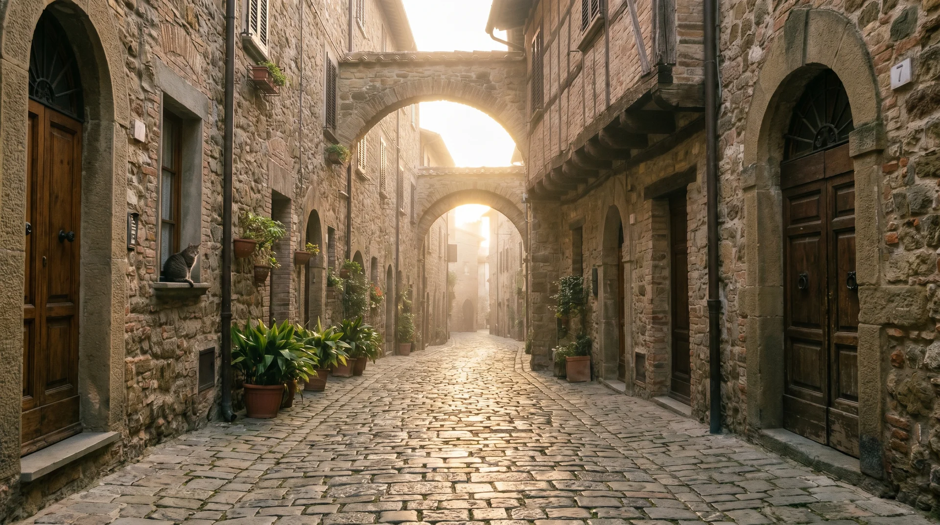 Empty cobblestone street in San Marino's historic center at early morning with stone buildings and soft golden light before day-tripper crowds arrive