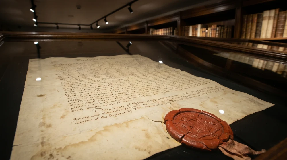 Historisches Vertragsdokument hinter Glas in einem Museum, das die formalen Vereinbarungen zeigt, die San Marinos Unabhängigkeit sicherten
