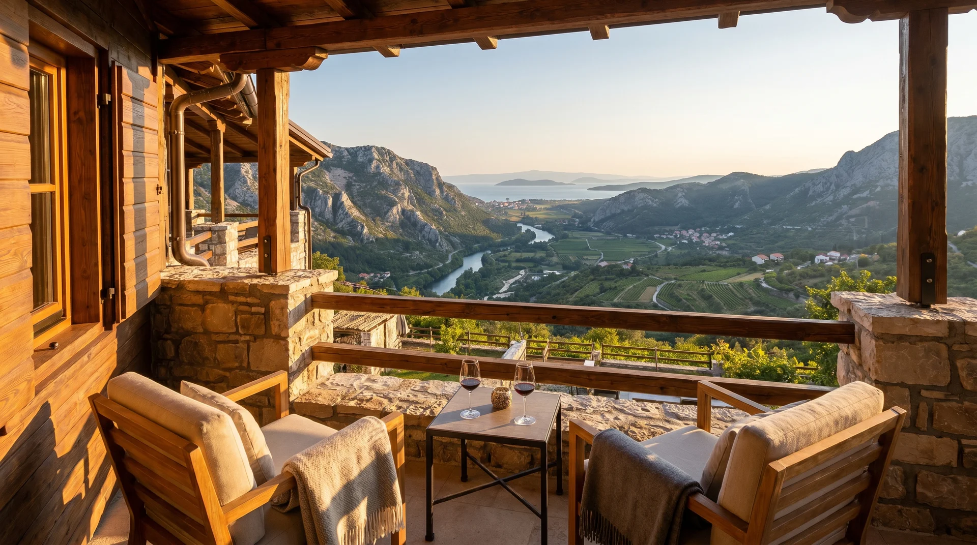 Hotel room terrace in San Marino's Historic Center with panoramic views of the valley below and the Adriatic coast visible in the distance