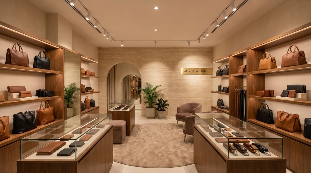 Premium leather handbags and accessories displayed in a San Marino boutique with warm lighting and stone wall background