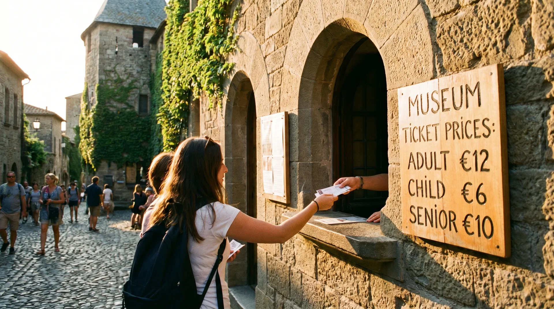 Visitor receiving museum tickets at San Marino ticket window showing entrance fee prices in euros