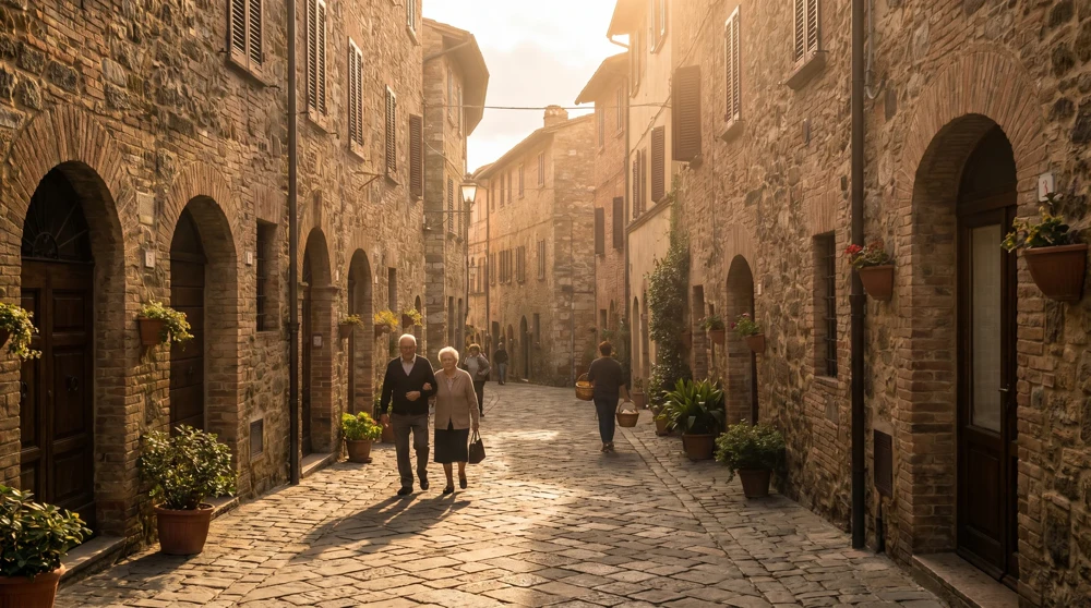 Narrow cobblestone lane in San Marino historic center with stone buildings in late afternoon golden light