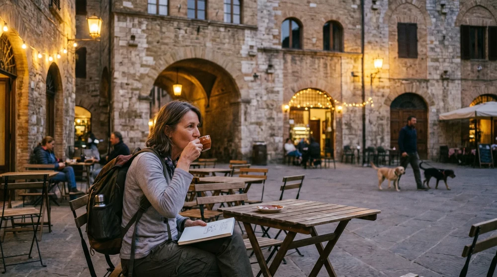 Tourist sitting at outdoor cafe in San Marino piazza in the quiet evening after tour groups have departed