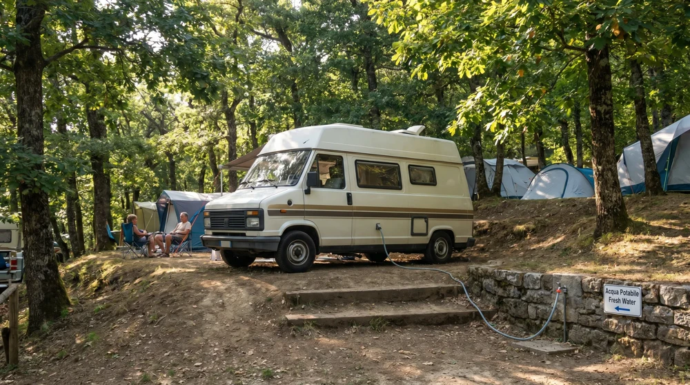 Wohnmobil auf dem kostenlosen P13-Baldasserona-Stellplatz in San Marino, umgeben von terrassiertem Waldgelände mit Wasseranschlüssen