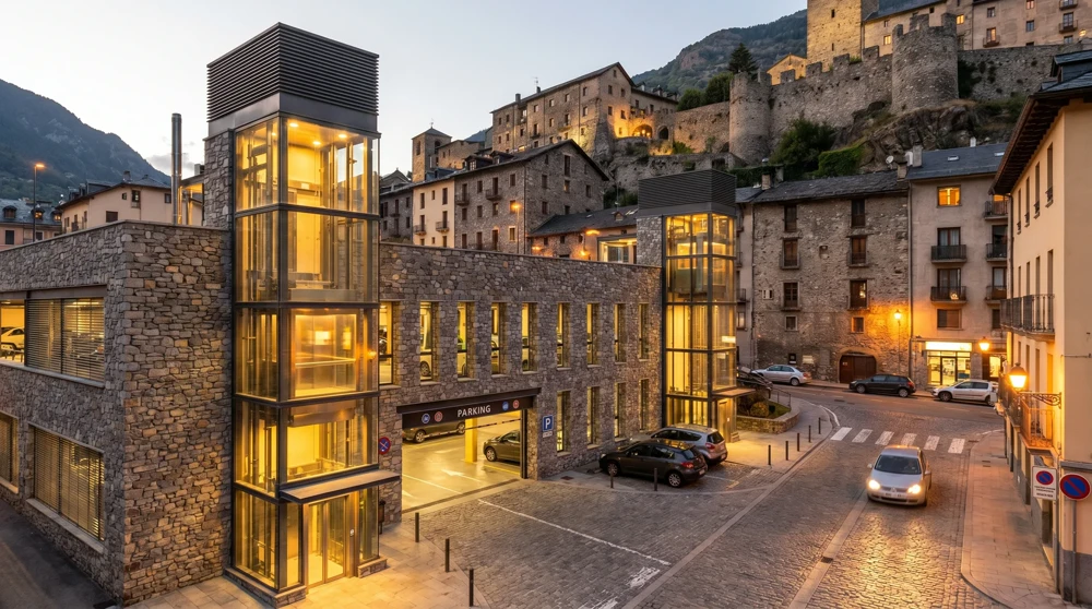 P9 covered multi-storey parking garage in San Marino with illuminated glass elevator shafts providing direct access to the historic old town at dusk