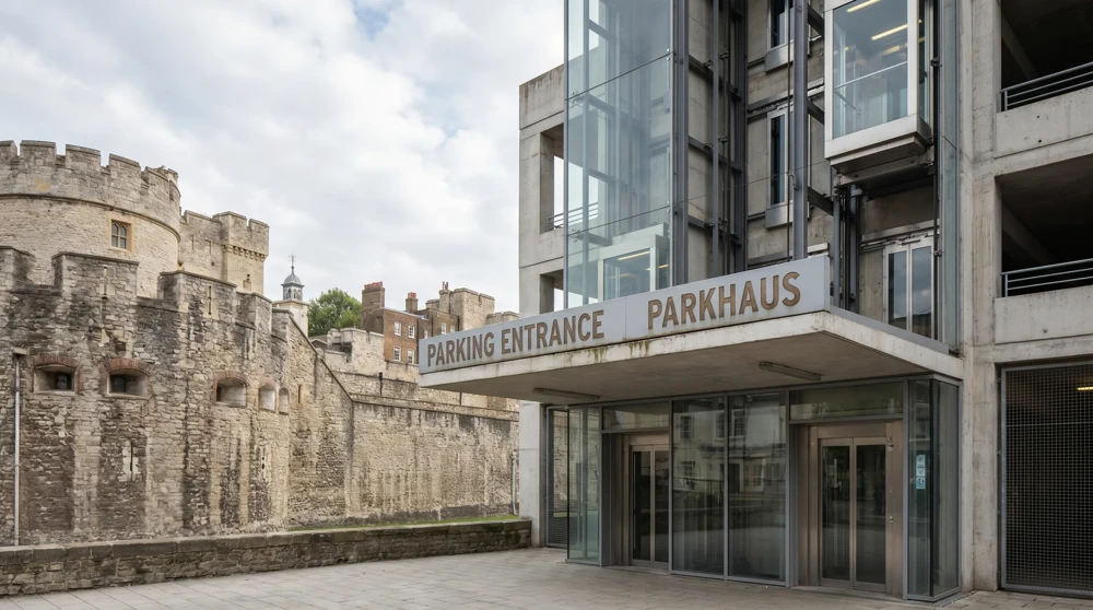 Einfahrt zum überdachten Parkhaus P9 in San Marino mit sichtbaren Glasaufzügen neben mittelalterlichen Steinbefestigungen