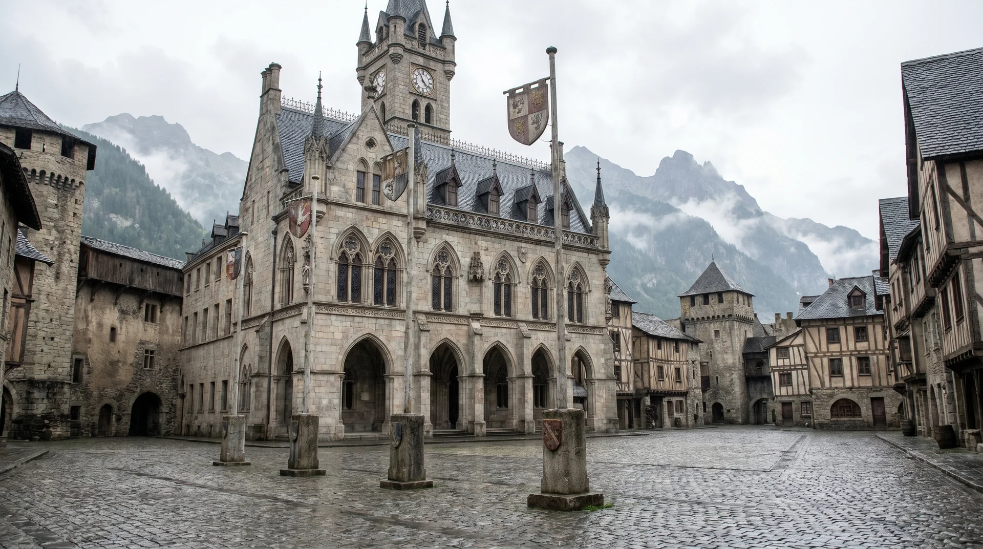 Gothic revival facade of the Palazzo Pubblico government palace in Piazza della Libertà, San Marino, with traditional flagpoles and cobblestone square