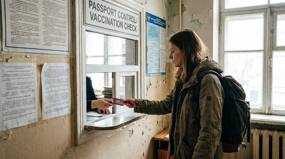 Reisender übergibt Reisepass an Tourismusbüromitarbeiter am Schalterfenster in San Marino für den offiziellen Stempel
